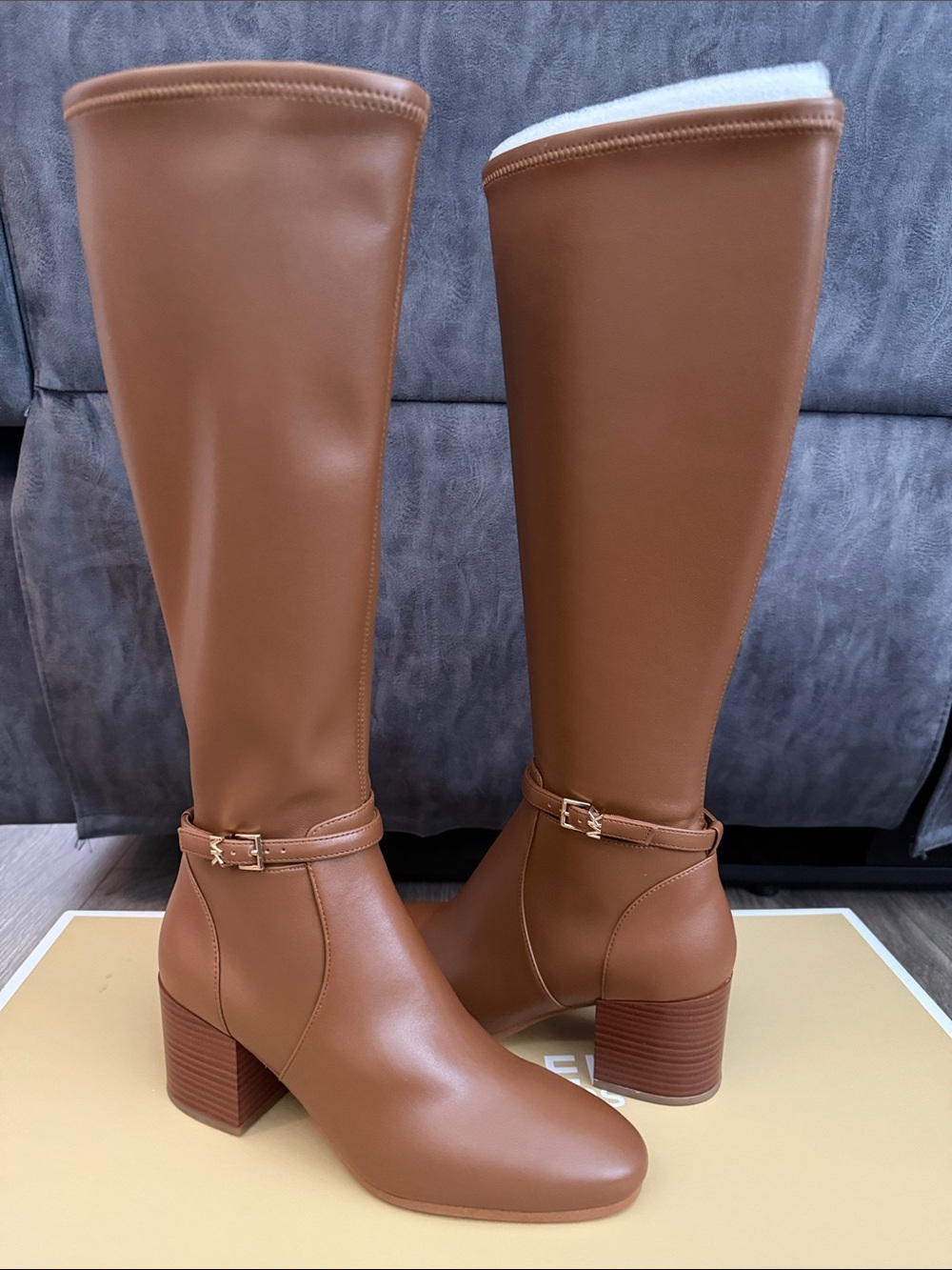 Michael Kors Tall Buckle Strap Riding Boots in Cognac Brown